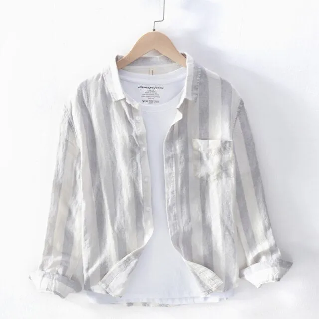 GbolsosPure Linen Shirts for Men Long Sleeve Casual Turn-down Collar Basic Classic Tops Male Fashion Solid Color Retro Clothing 2021