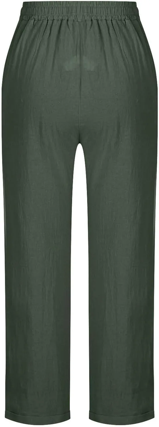 GIERIDUC Linen Pants for Women High Waisted Wide Leg Trousers Trendy Solid Color Drawstring Elastic Waist Summer Gauze Pants