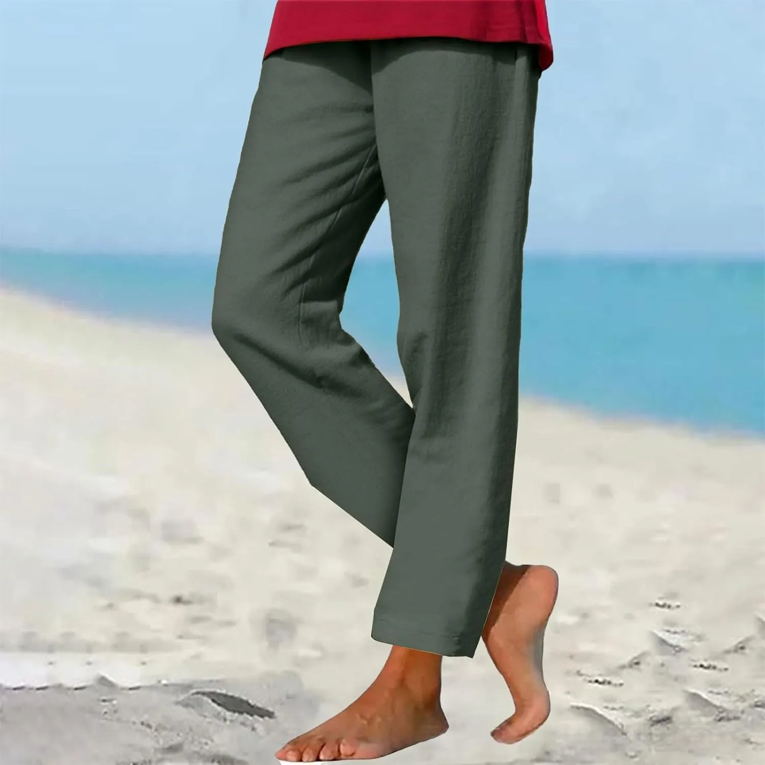 GIERIDUC Linen Pants for Women High Waisted Wide Leg Trousers Trendy Solid Color Drawstring Elastic Waist Summer Gauze Pants
