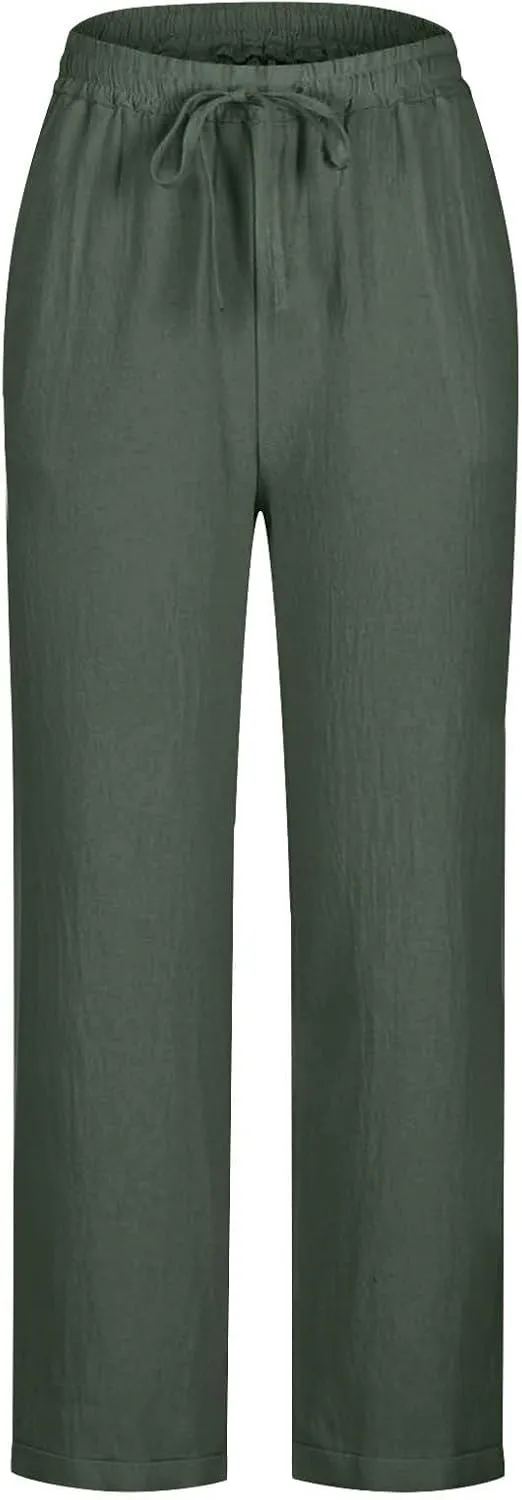 GIERIDUC Linen Pants for Women High Waisted Wide Leg Trousers Trendy Solid Color Drawstring Elastic Waist Summer Gauze Pants