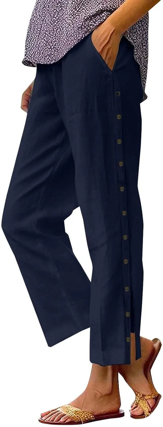 GIERIDUC Women Linen Pants Lightweight Capri Pants with Side Button Summer Casual Beach Drawstring Elastic Waist Trousers