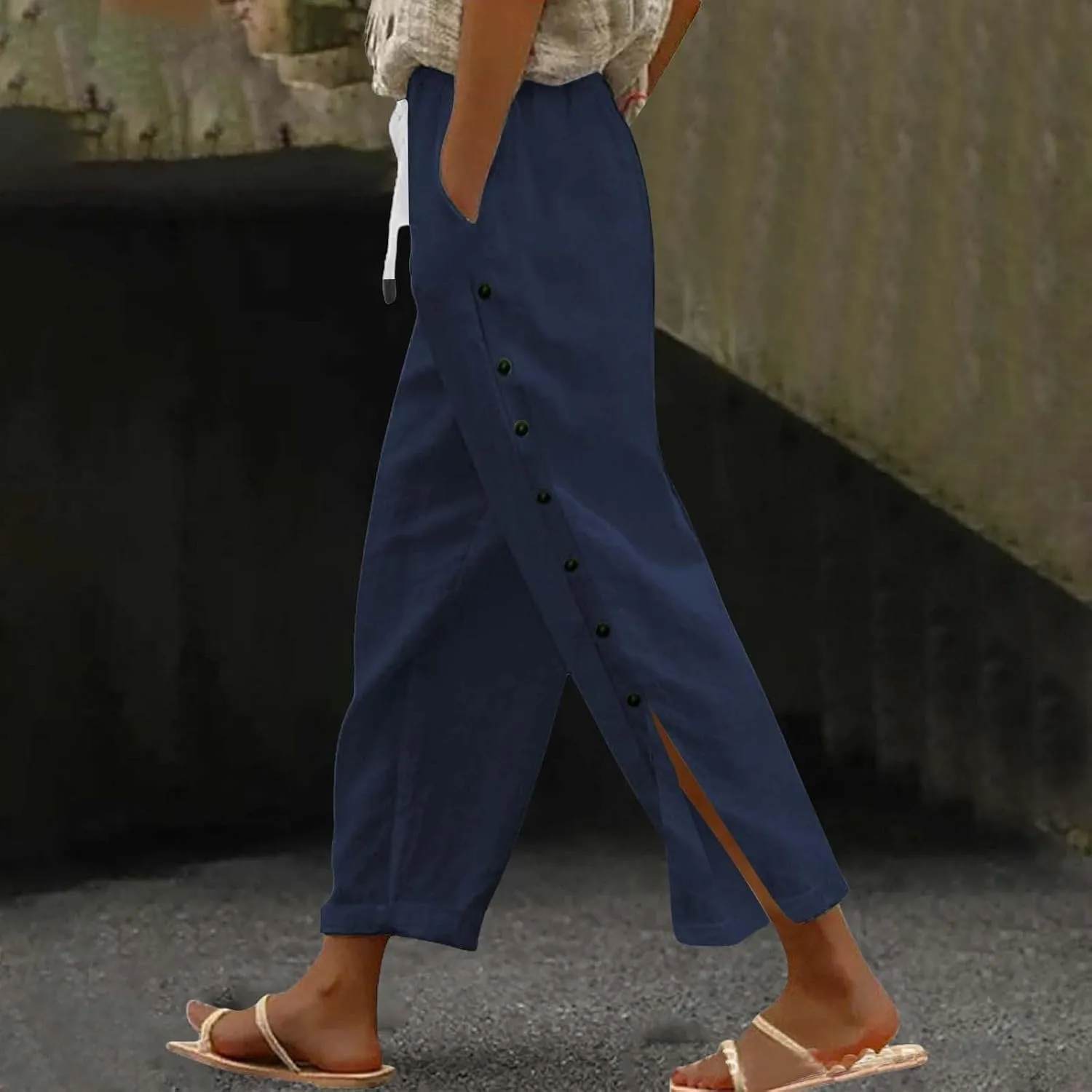 GIERIDUC Women Linen Pants Lightweight Capri Pants with Side Button Summer Casual Beach Drawstring Elastic Waist Trousers