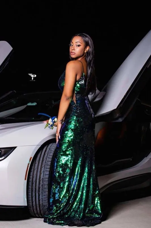 Glamous Spaghetti Strap Sleeveless Floor Length Prom Dresses