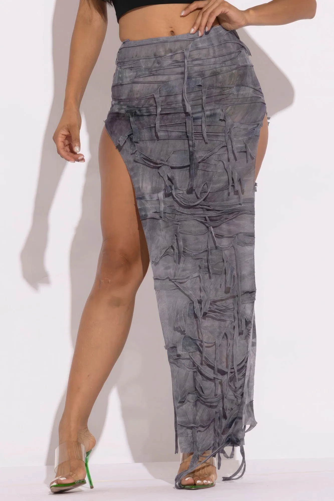 Gray Distressed Maxi Skirt With Thigh-High Split - Fashion-Forward and Edgy