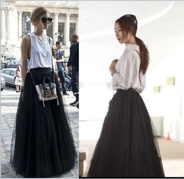 High Waist Mesh Flared Ruffled Maxi Skirt