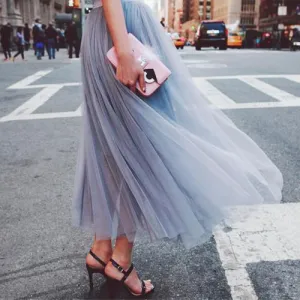 High Waist Mesh Flared Ruffled Maxi Skirt