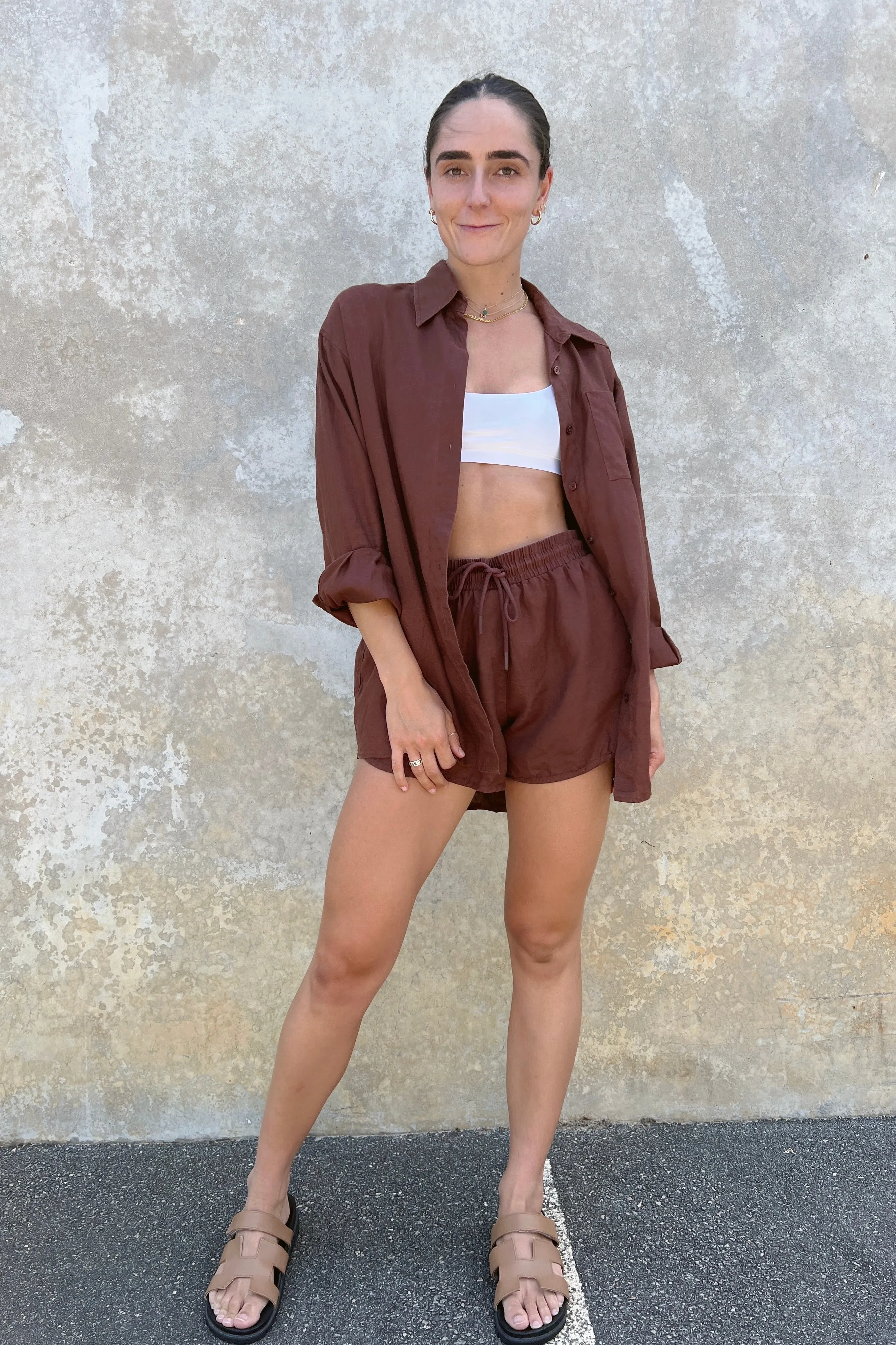 HyperLuxe Linen Button Up Shirt- Brown