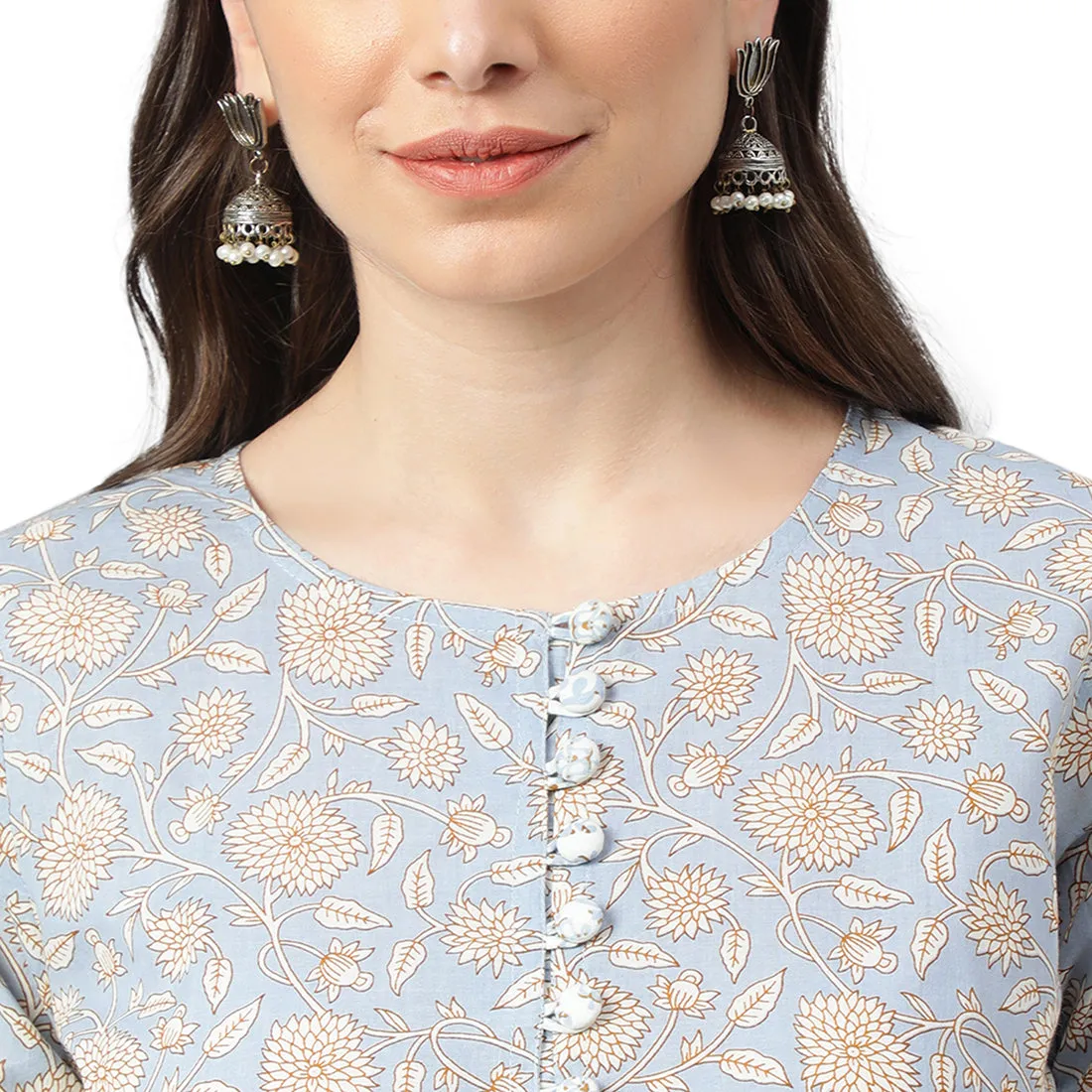 Idalia Sage Blue Printed Cotton Kurta With White Printed
Palazzo Pants
