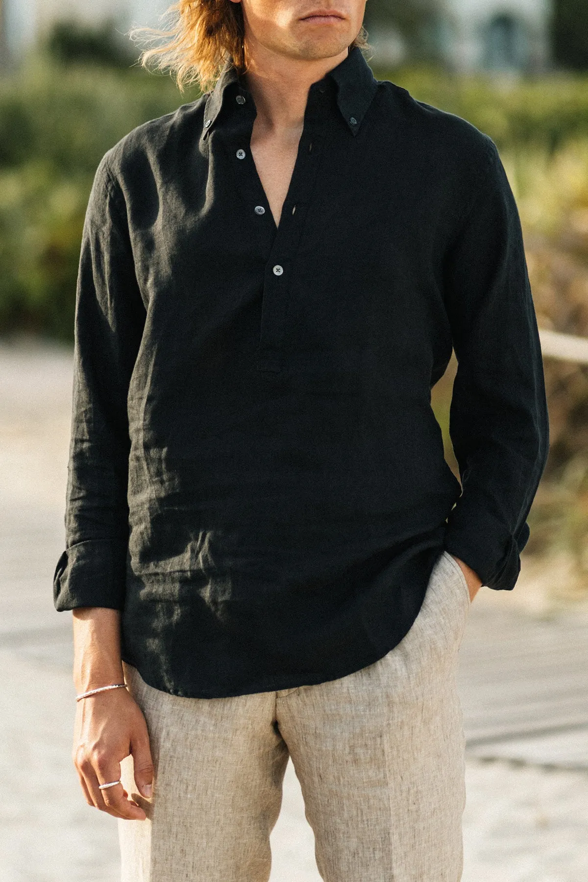Jerry Pop Black Linen Popover Shirt