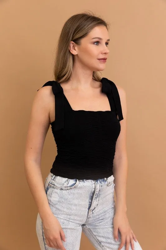 Kendra Seamless Vertical Smocked Tie Shoulder Top