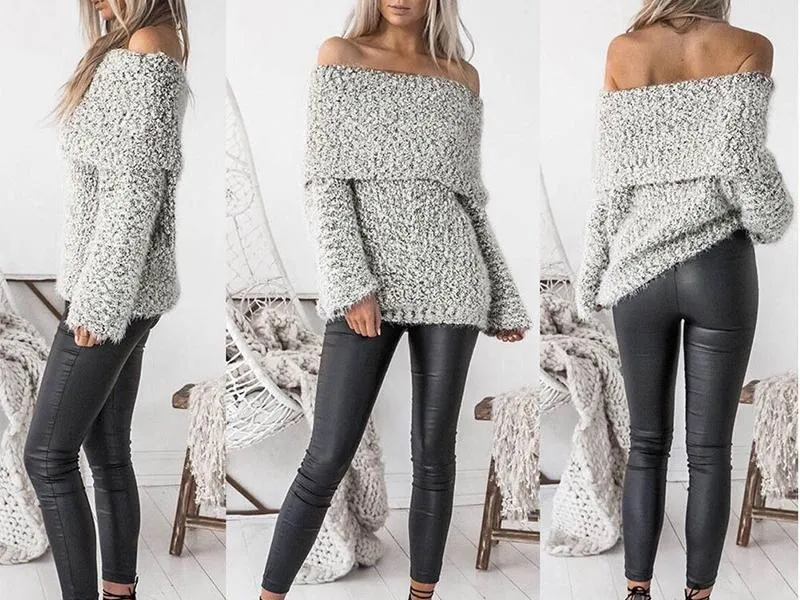 Knit Off Shoulder Long Sleeve Tops Sweater