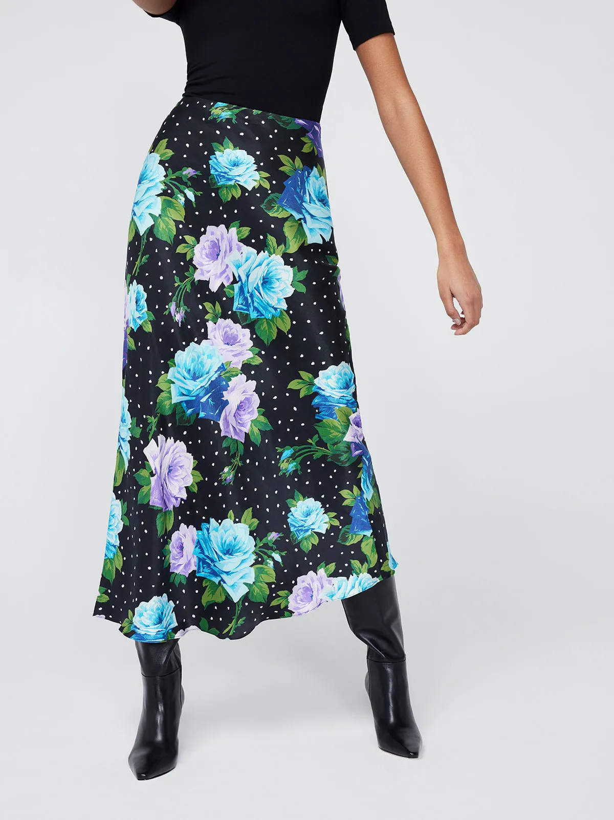 Layla Blue Painted Rose Midi Skirt