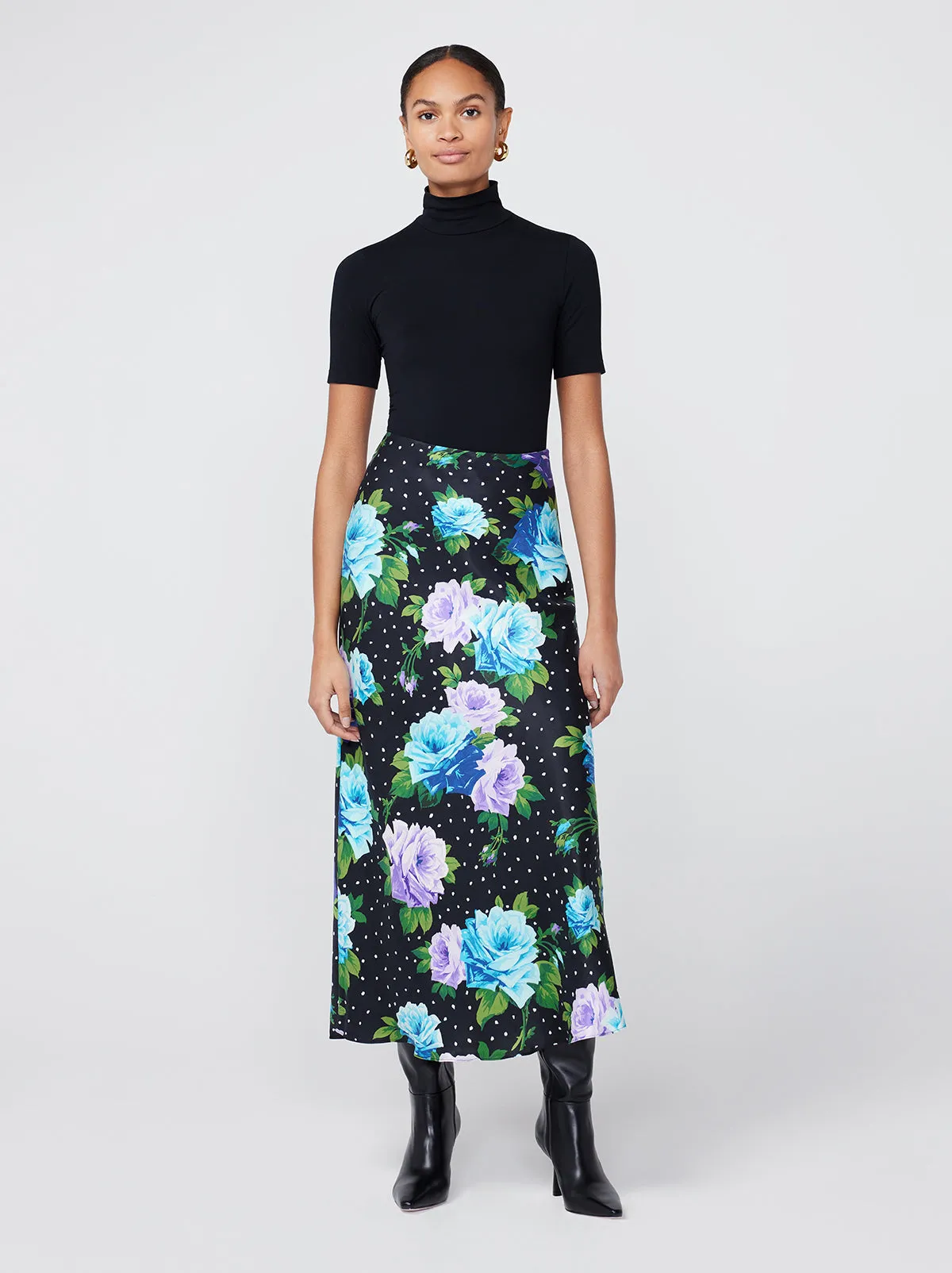 Layla Blue Painted Rose Midi Skirt