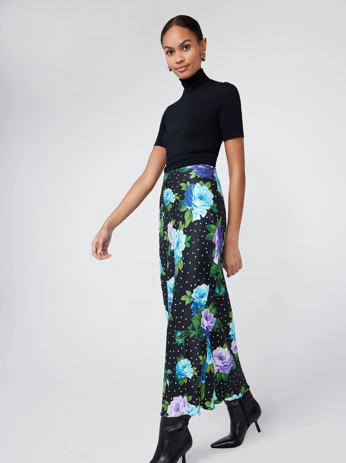 Layla Blue Painted Rose Midi Skirt