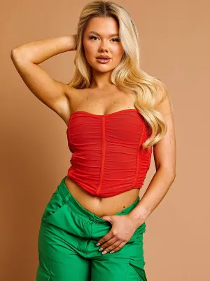 Layla Ruched Mesh Bandeau Corset Crop Top In Orange