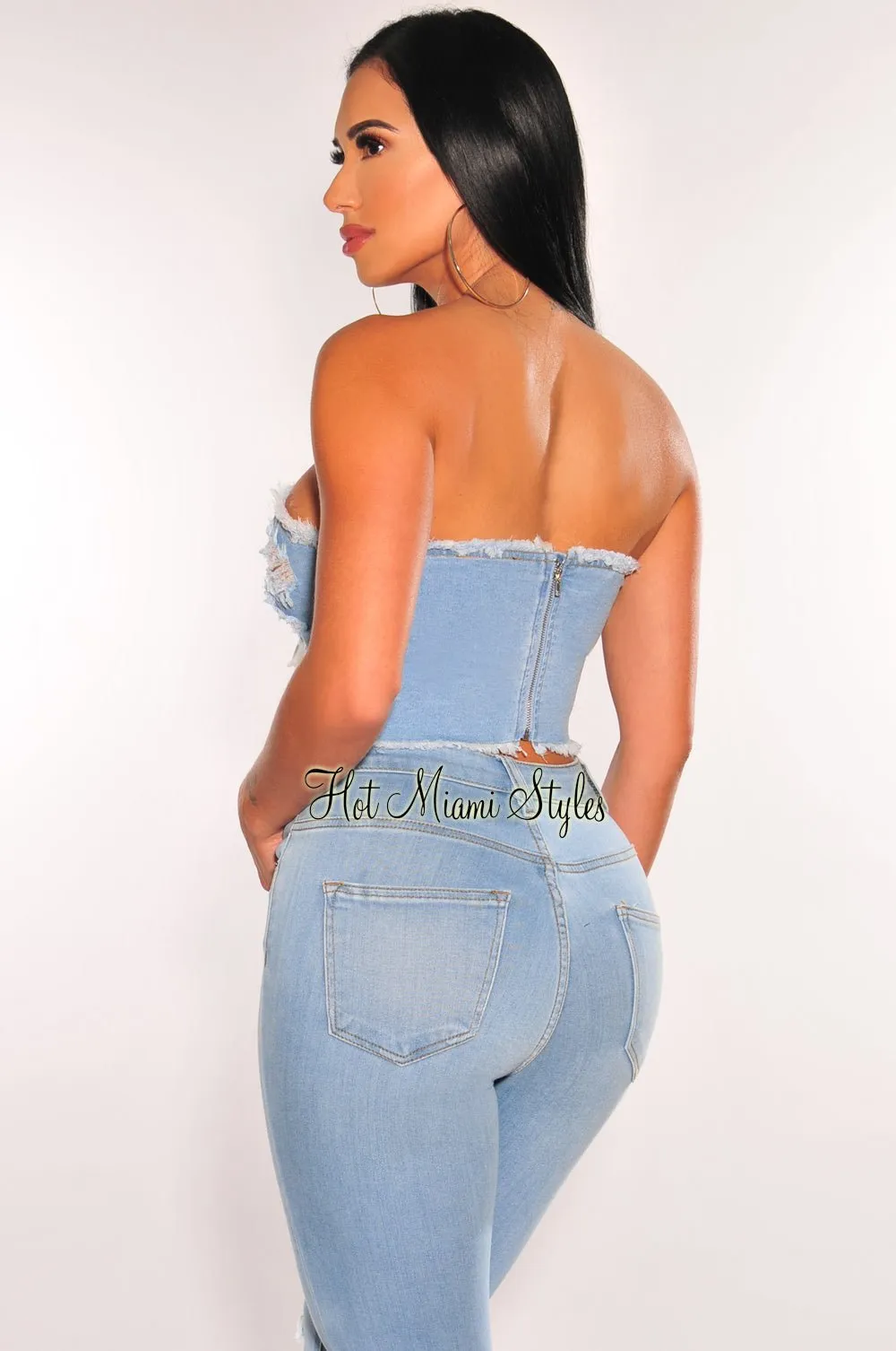 Light Denim Bandeau Lace Up Distressed Frayed Hem Crop Top