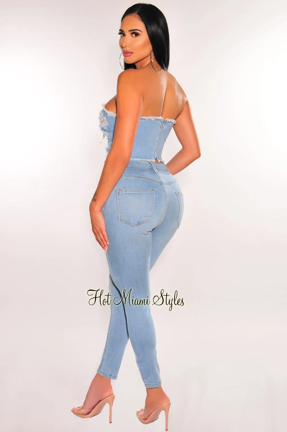 Light Denim Bandeau Lace Up Distressed Frayed Hem Crop Top