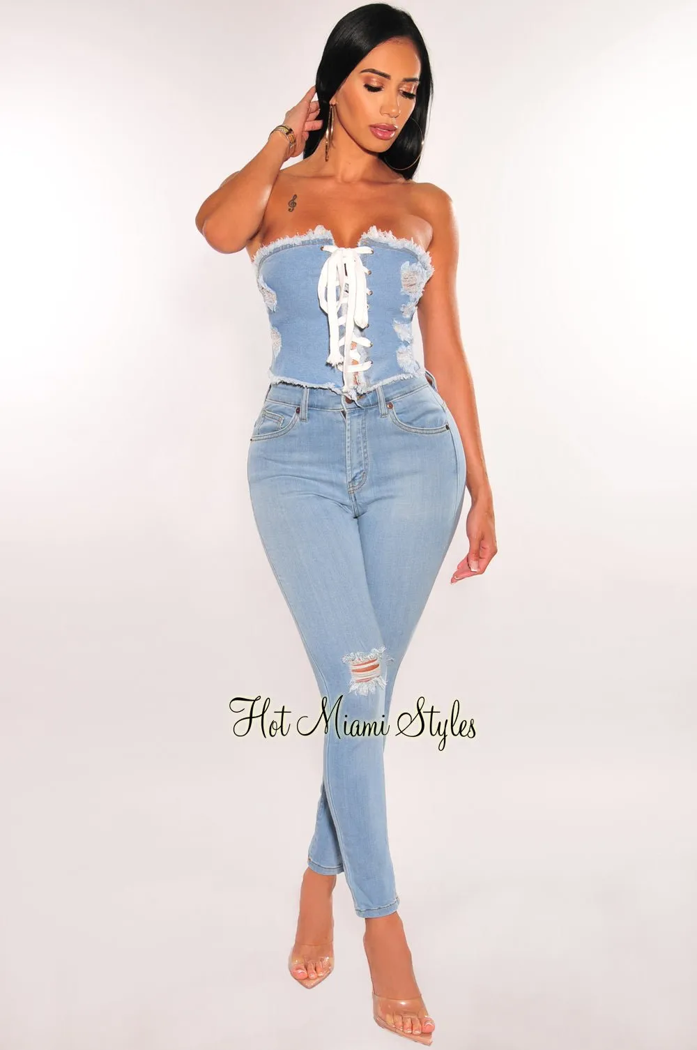 Light Denim Bandeau Lace Up Distressed Frayed Hem Crop Top