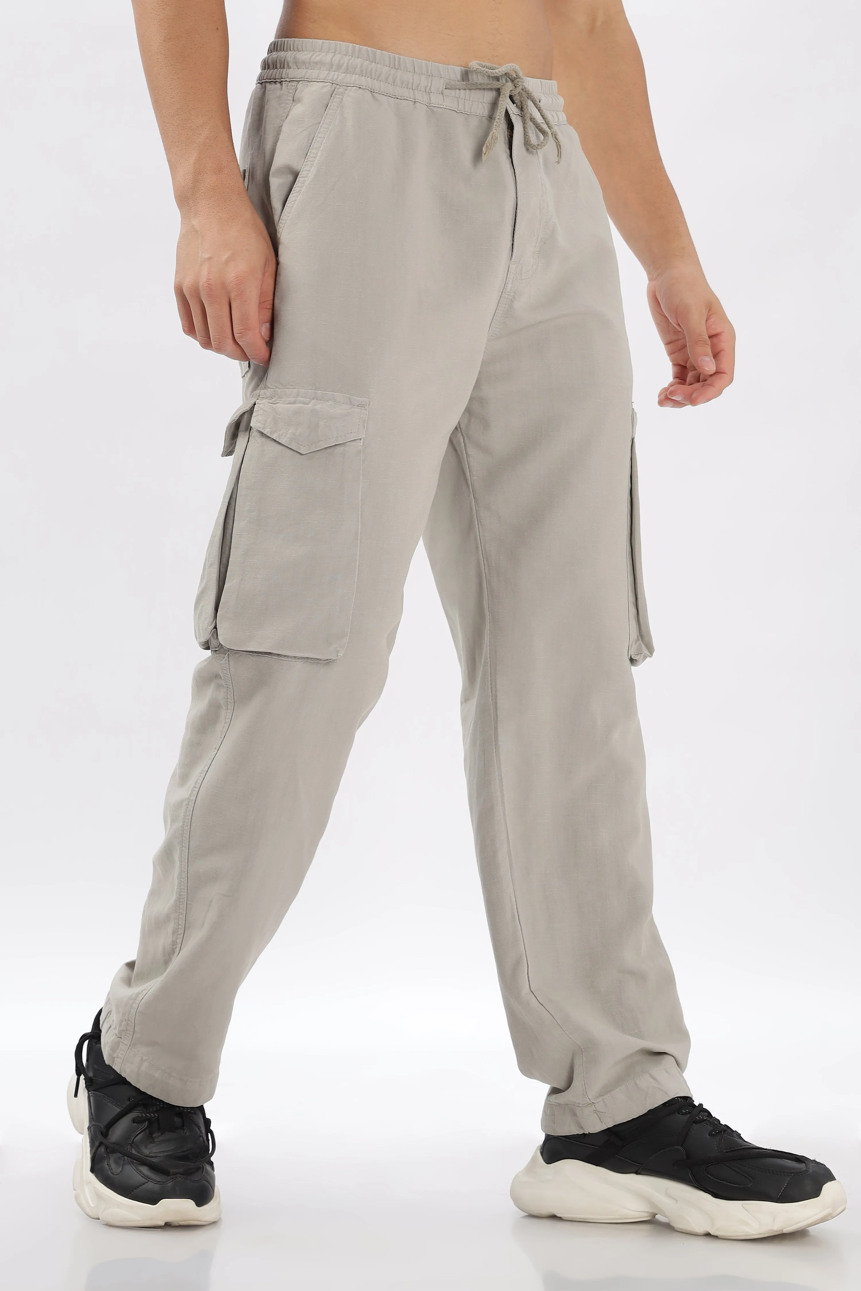 LIGHT GREY LINEN CARGO PANTS