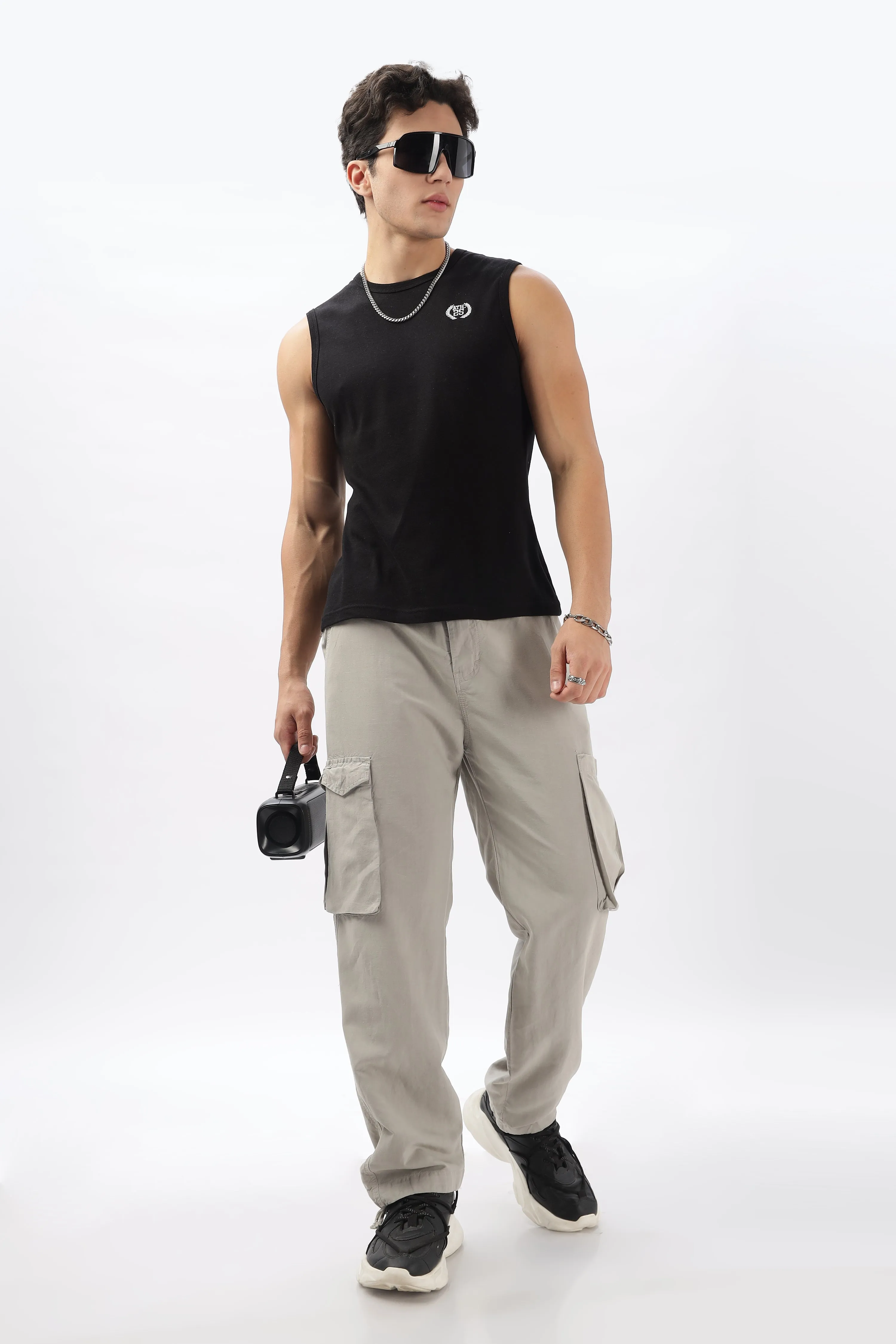 LIGHT GREY LINEN CARGO PANTS