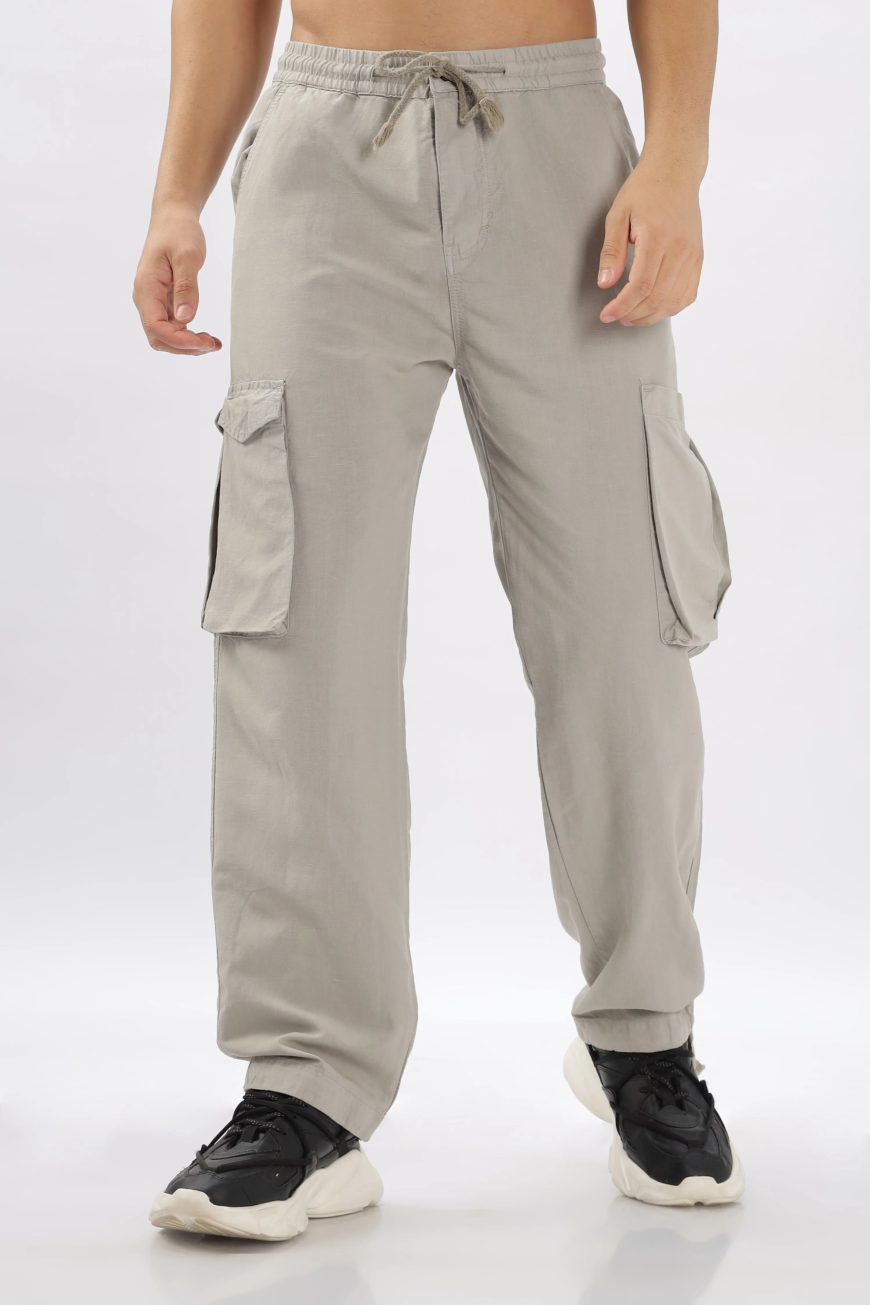 LIGHT GREY LINEN CARGO PANTS