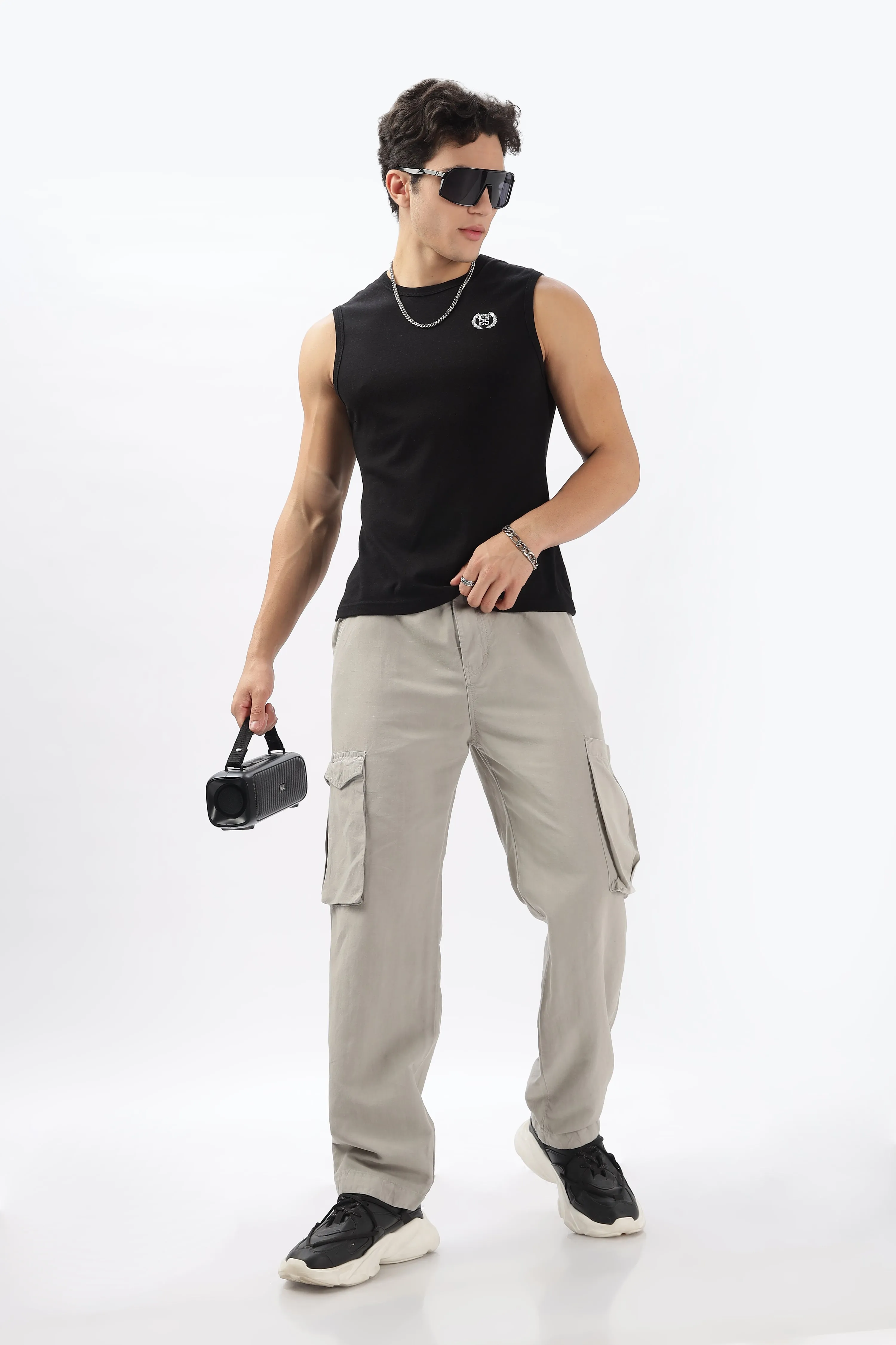 LIGHT GREY LINEN CARGO PANTS