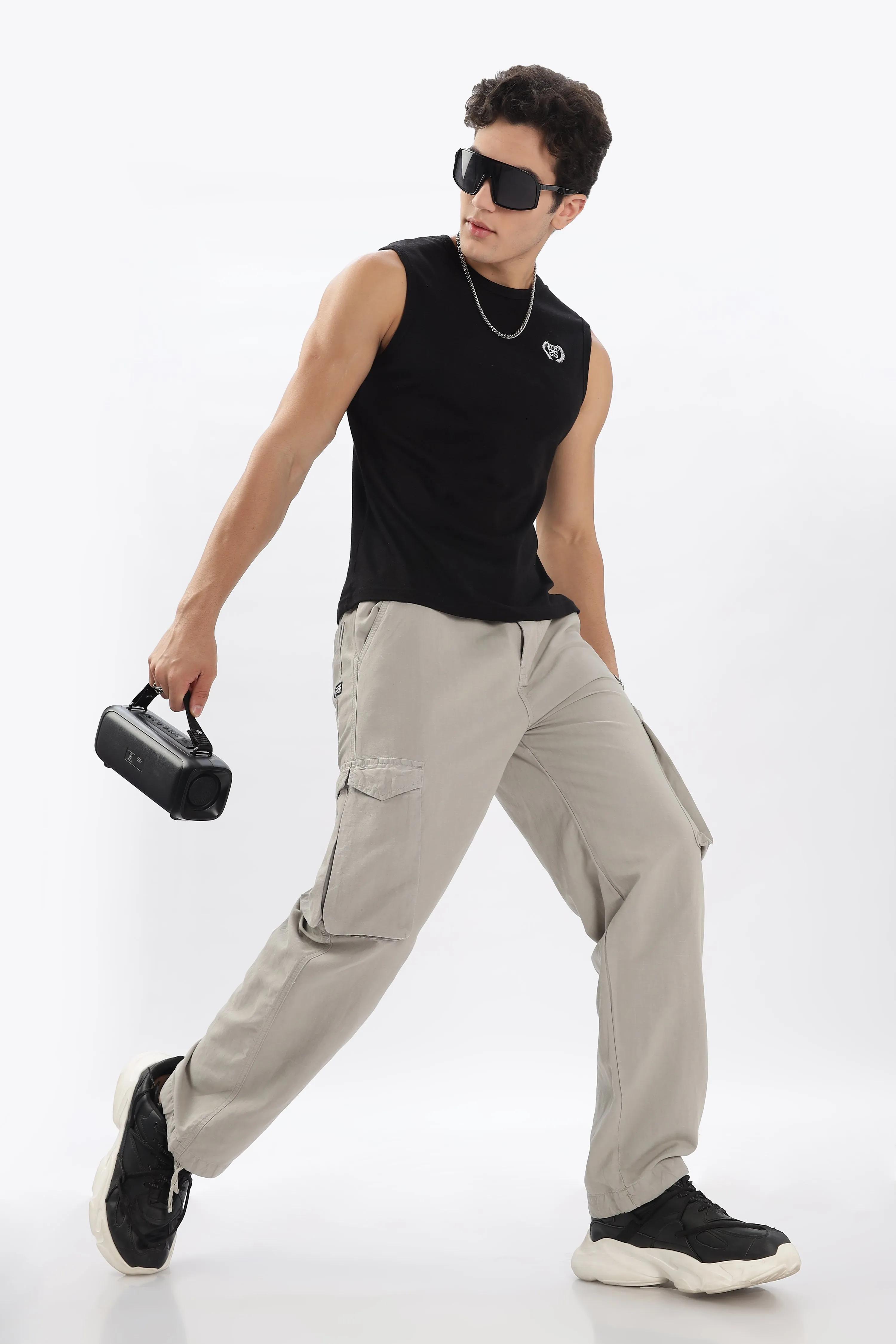 LIGHT GREY LINEN CARGO PANTS