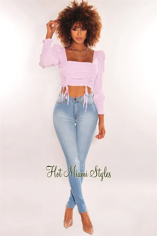 Lilac Squared Neck Drawstring Tie Up Crop Top