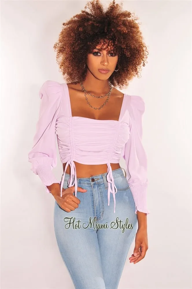 Lilac Squared Neck Drawstring Tie Up Crop Top