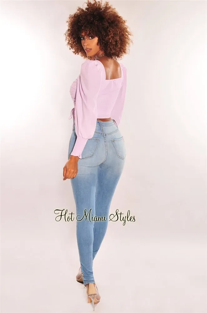 Lilac Squared Neck Drawstring Tie Up Crop Top