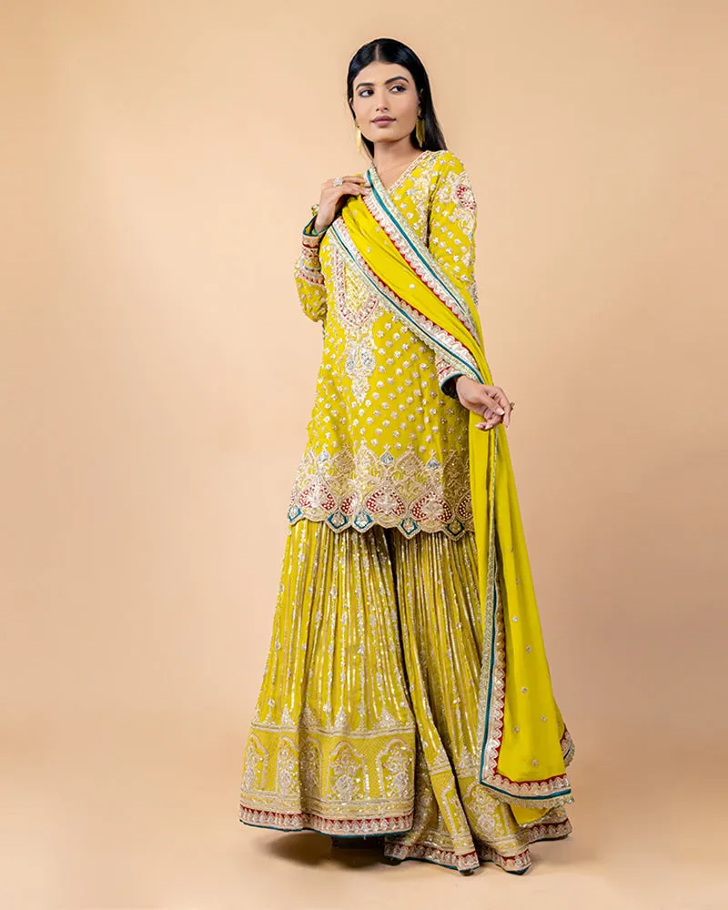 Lime Yellow Palazzo Suit with Sequins and Zari work