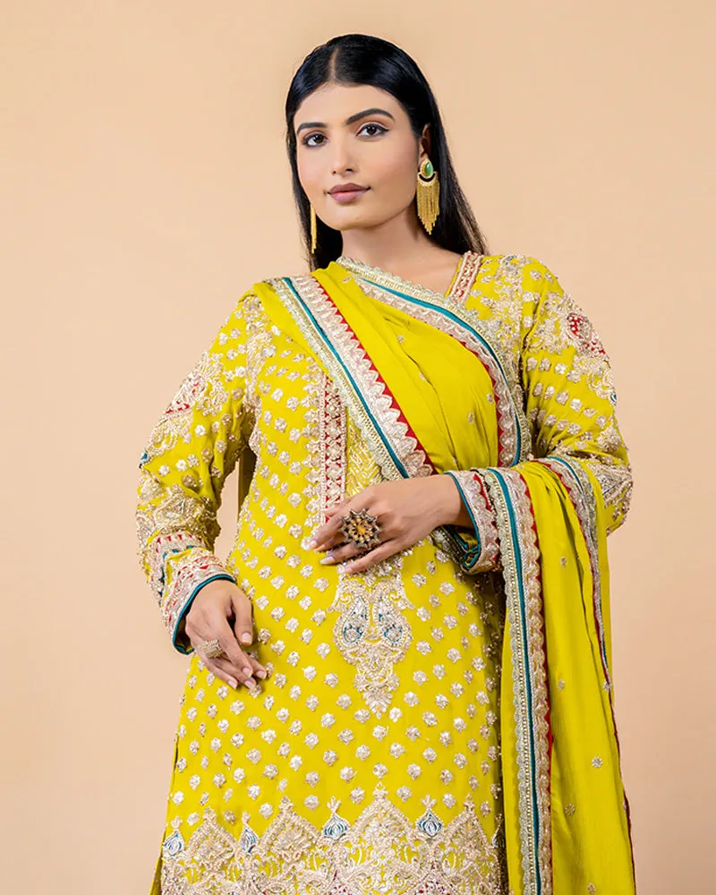 Lime Yellow Palazzo Suit with Sequins and Zari work