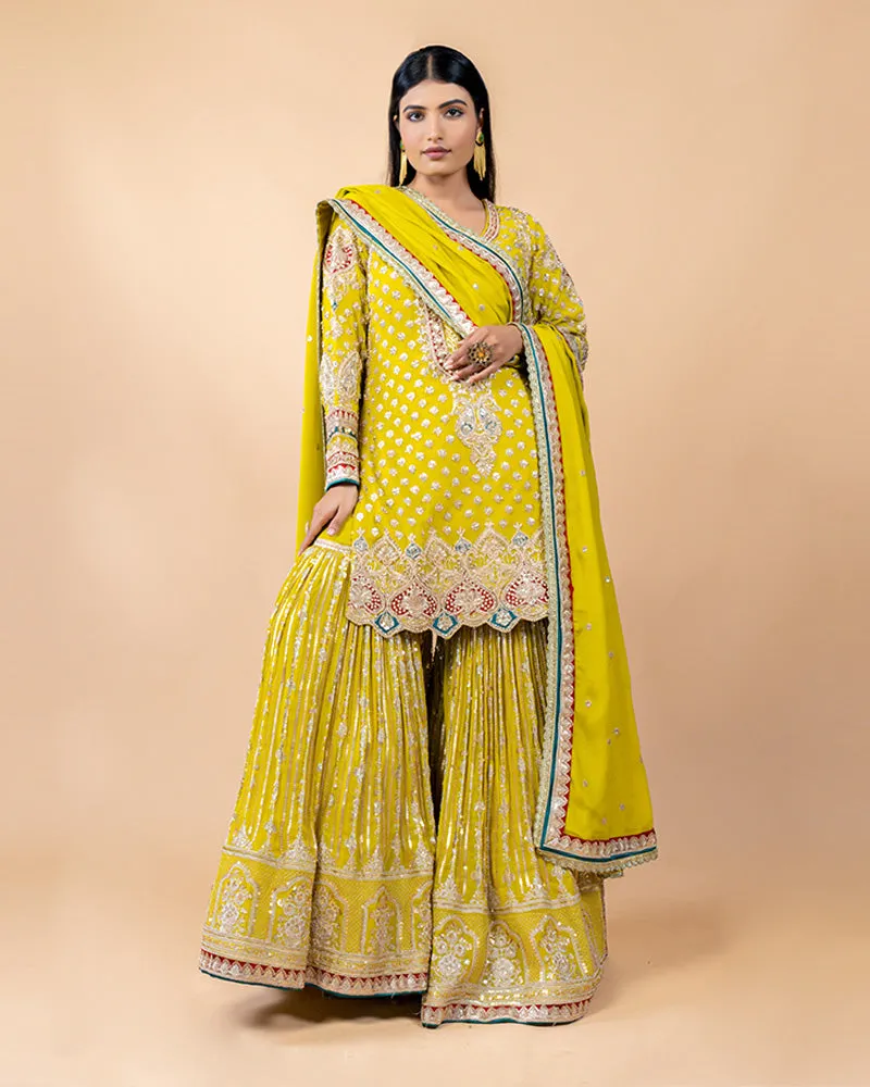 Lime Yellow Palazzo Suit with Sequins and Zari work