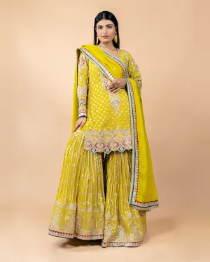 Lime Yellow Palazzo Suit with Sequins and Zari work