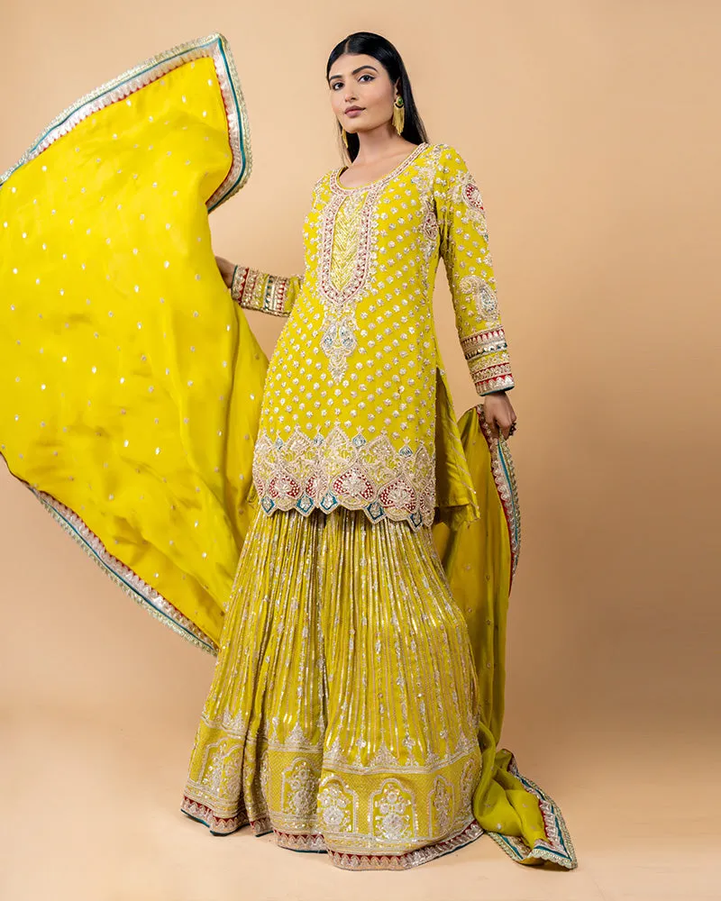 Lime Yellow Palazzo Suit with Sequins and Zari work