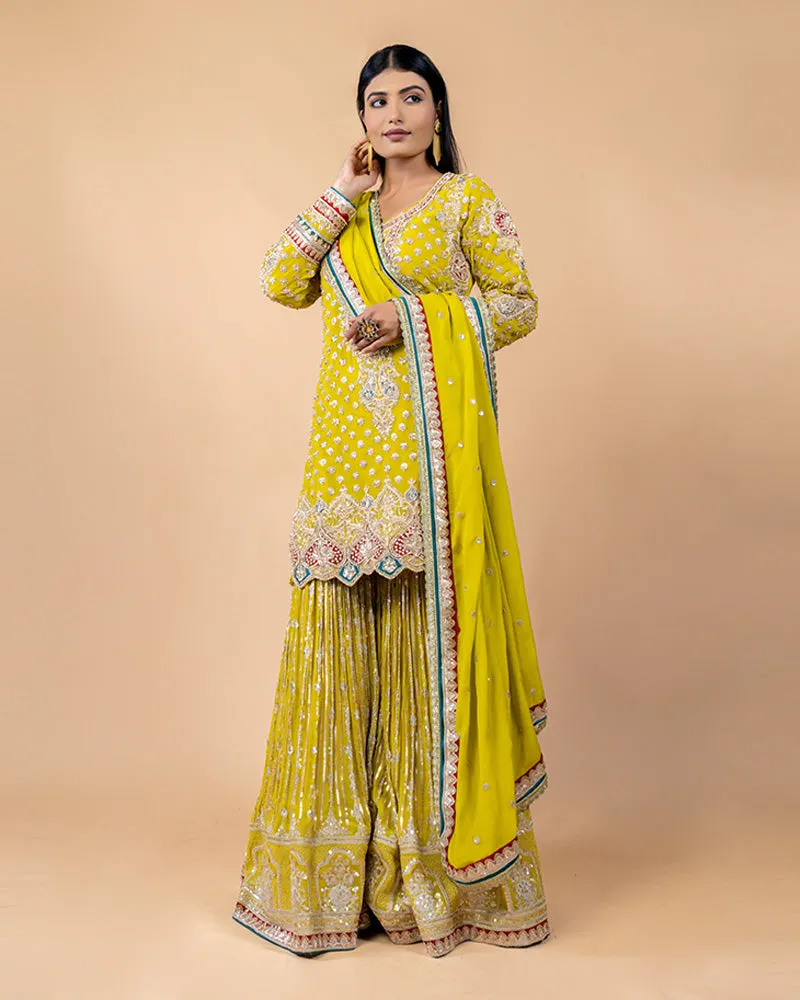 Lime Yellow Palazzo Suit with Sequins and Zari work