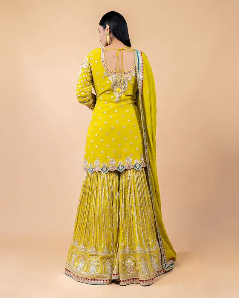 Lime Yellow Palazzo Suit with Sequins and Zari work