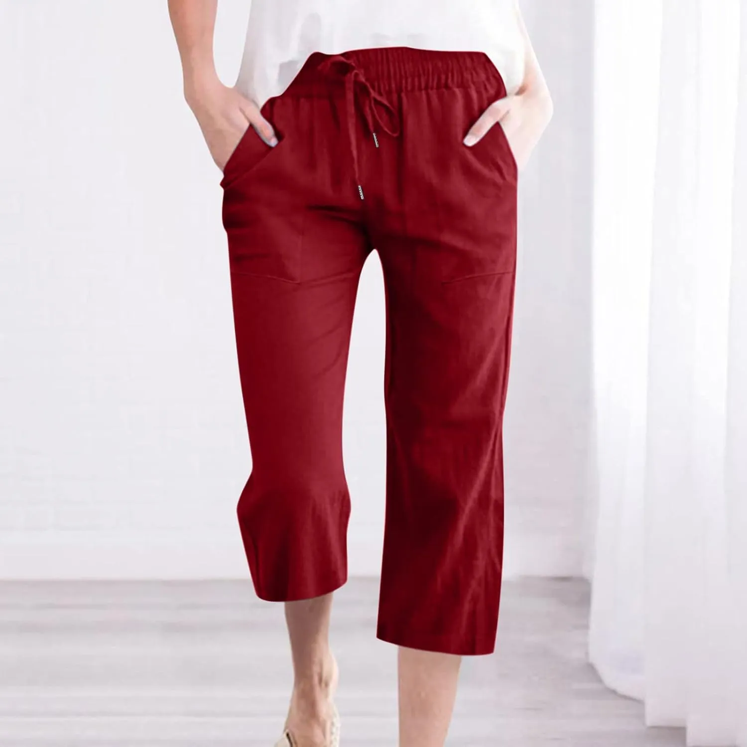 Linen Capris for Women Summer Casual Lounge Pants Cropped Cotton Linen Comfy Drawstring Baggy Trousers with Pockets