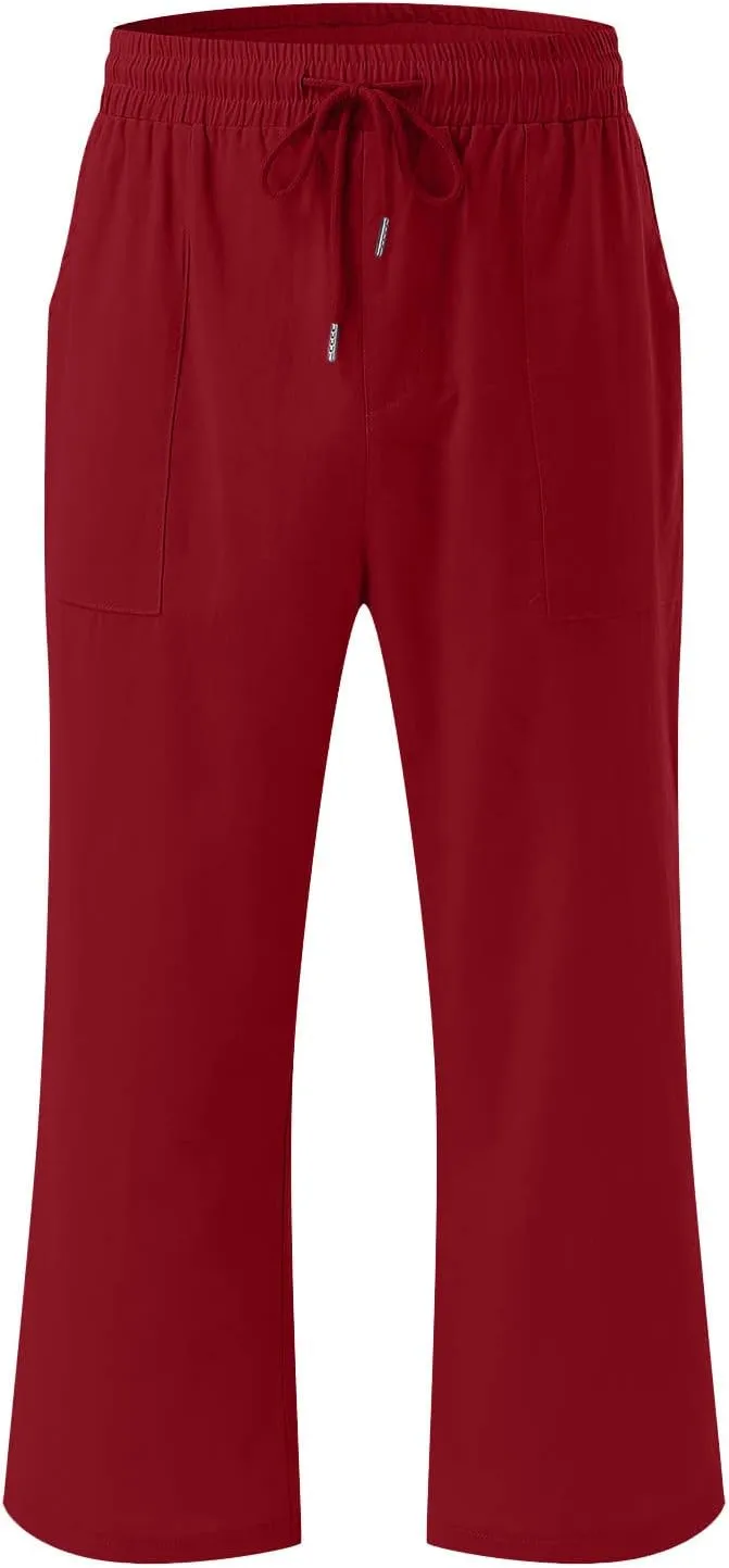 Linen Capris for Women Summer Casual Lounge Pants Cropped Cotton Linen Comfy Drawstring Baggy Trousers with Pockets