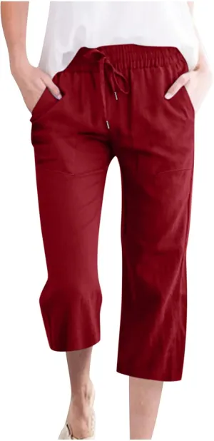 Linen Capris for Women Summer Casual Lounge Pants Cropped Cotton Linen Comfy Drawstring Baggy Trousers with Pockets