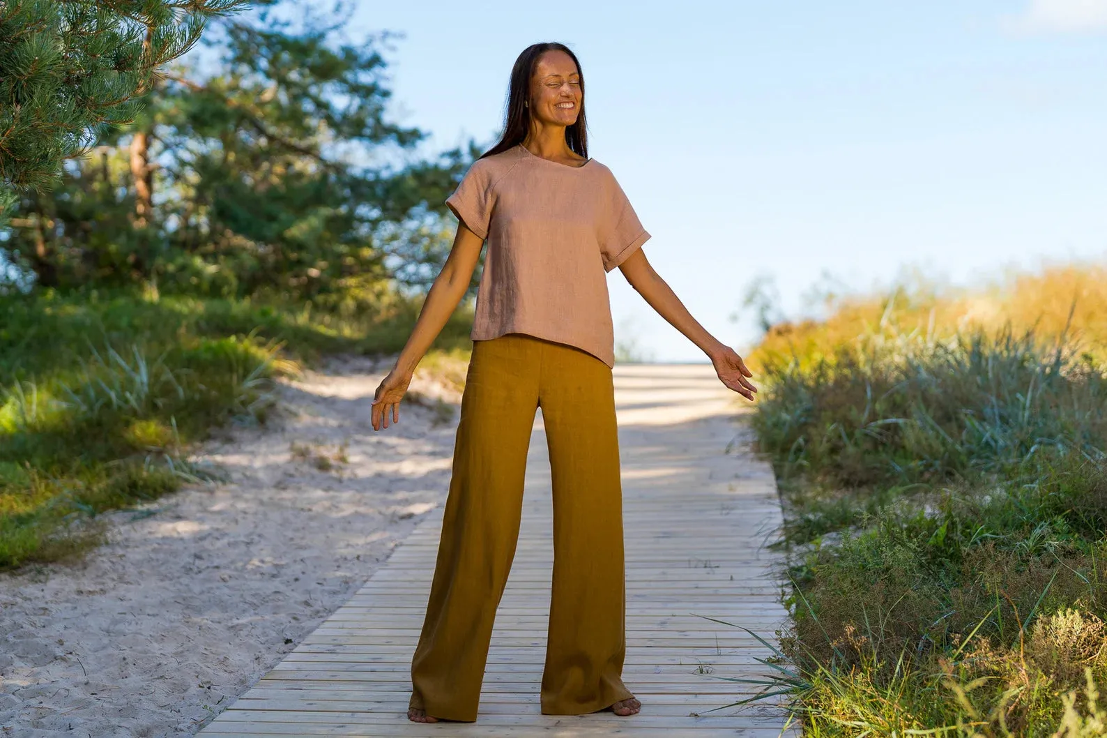 Linen Palazzo Pants KLARA In Amber Yellow