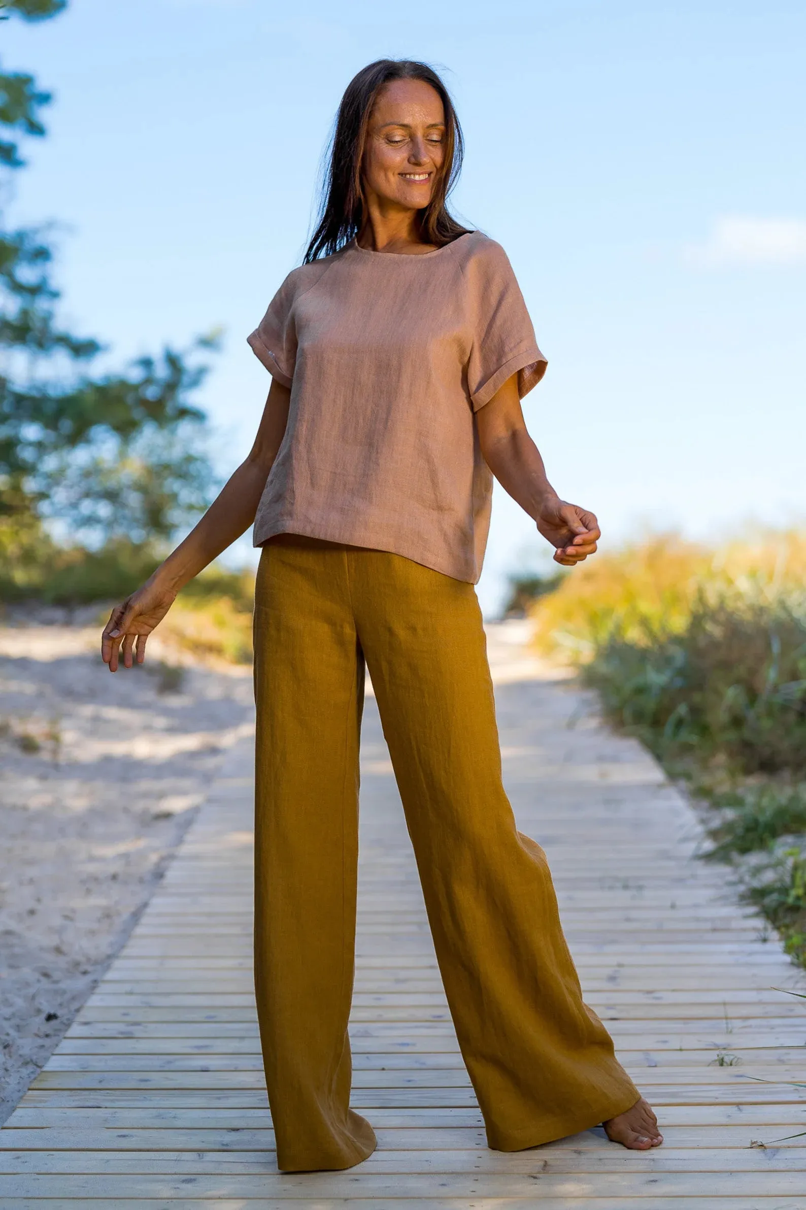 Linen Palazzo Pants KLARA In Amber Yellow