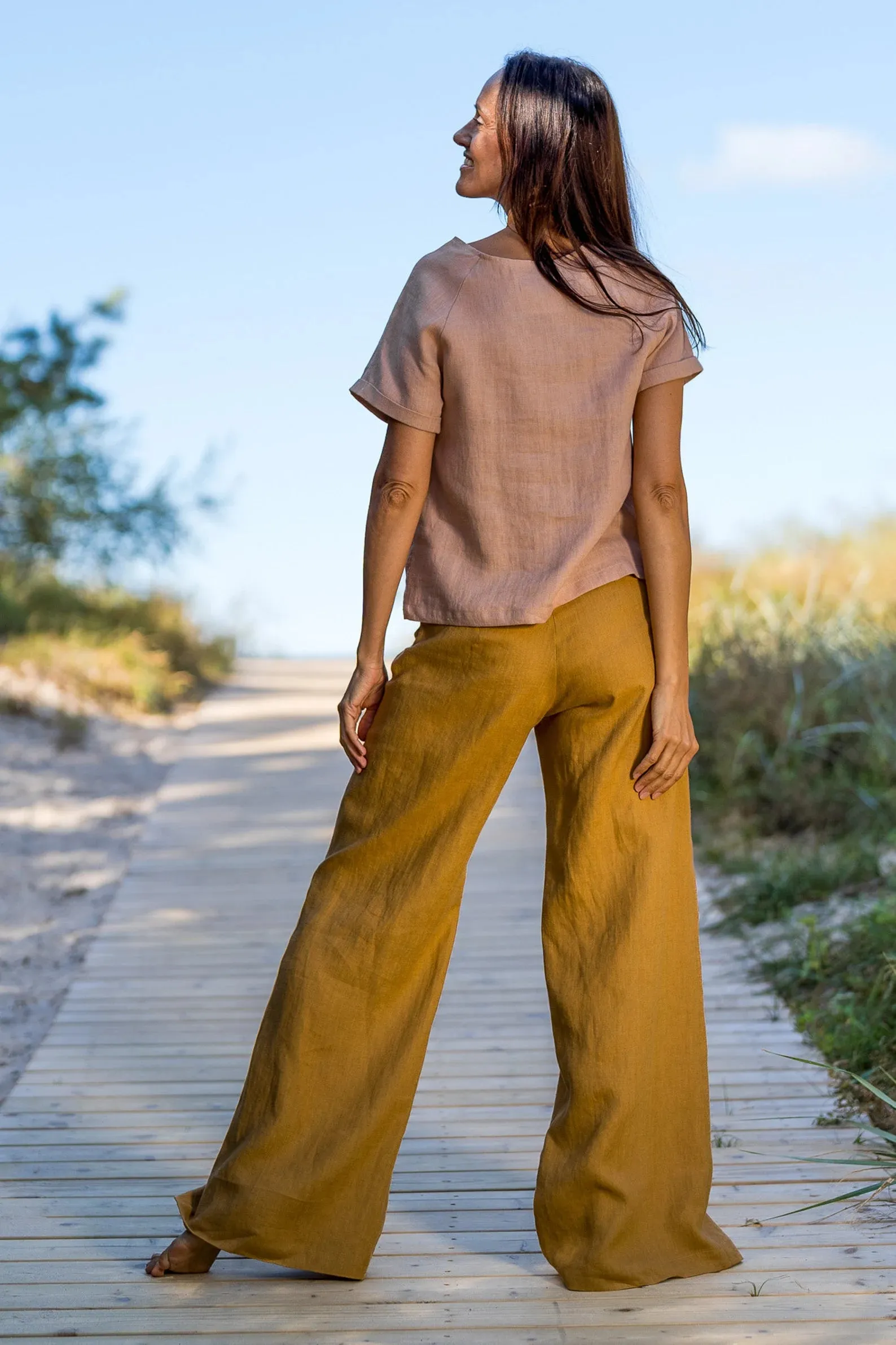 Linen Palazzo Pants KLARA In Amber Yellow