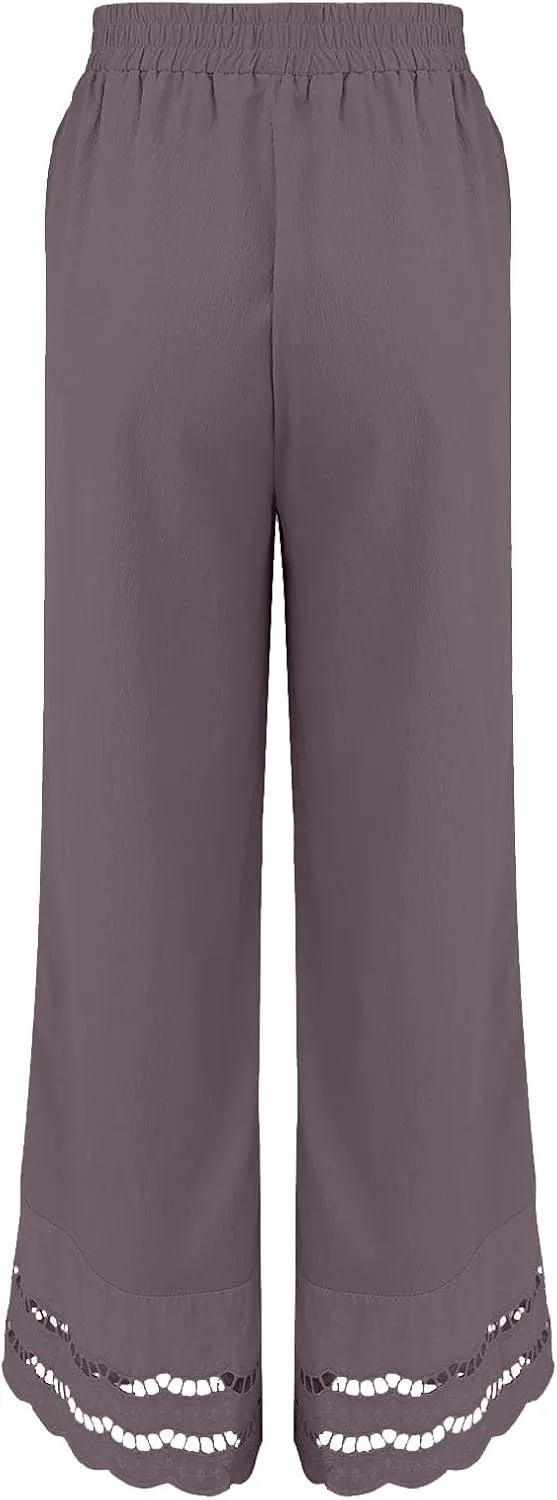 Linen Pants for Women Summer High Waist Elastic Straight Leg Lounge Pant 2025 Loose Lightweight Beach Trousers