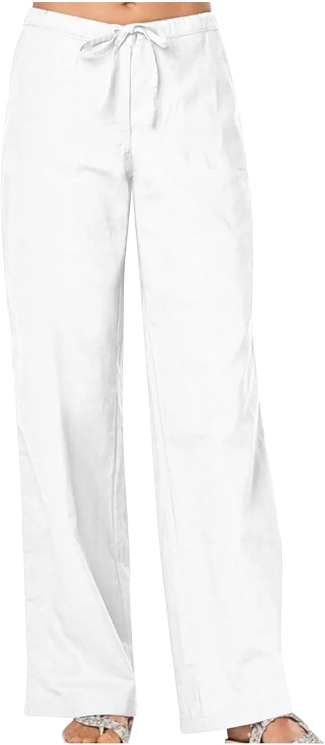 Linen Pants for Women Summer Lightweight Lounge Wide Leg Trousers Drawstring Low Waisted Palazzo Pants with Pockets