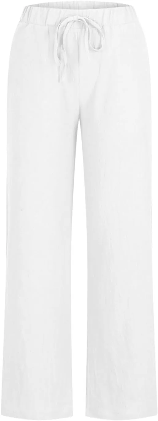Linen Pants for Women Summer Lightweight Lounge Wide Leg Trousers Drawstring Low Waisted Palazzo Pants with Pockets