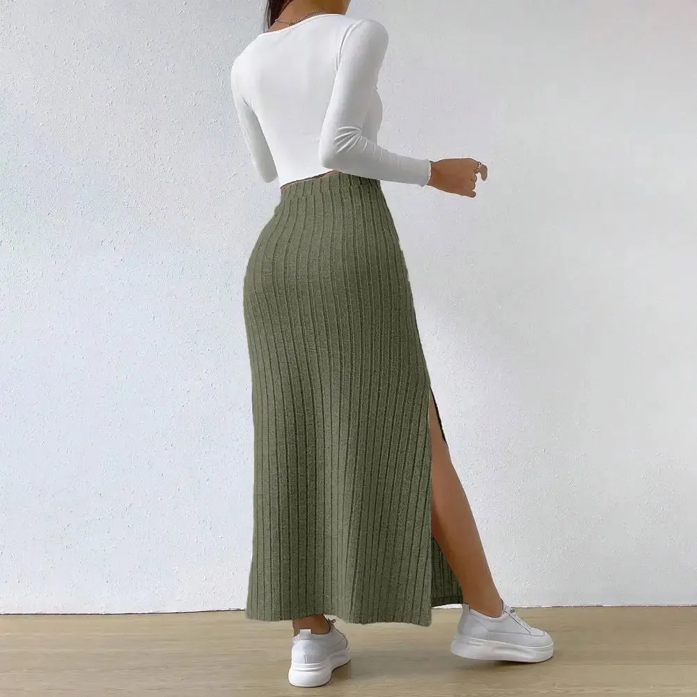 LVSANW Spring Autumn Casual Women High Waist Skirt Sexy Knitted Side Slit Skirt Elegant Solid Office Long Skirts For Women Fashion 2024