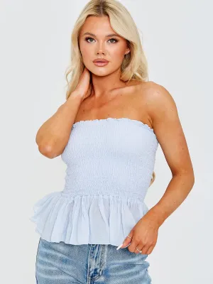 Lyssa Shirred Frill Hem Bandeau Top In Blue