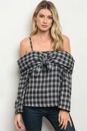 Madison Black Checkered Off Shoulder Top
