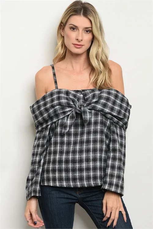 Madison Black Checkered Off Shoulder Top